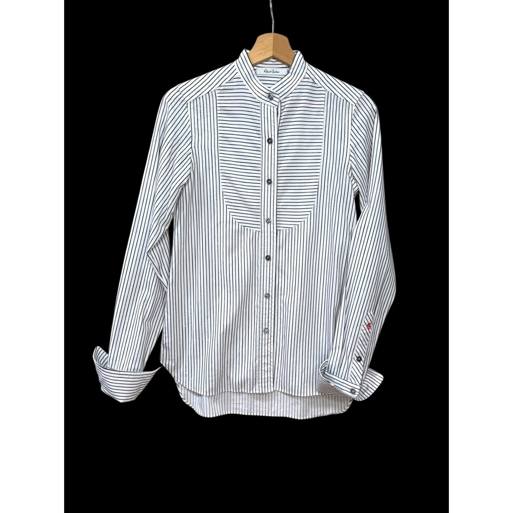 Robert Graham Womens XS Black White Striped Band Collar Bib Button Down Shirt